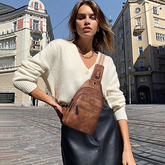 LATMAP Sling Bag For Women Fanny Pack Faux LeatherBackpack Brown NWT